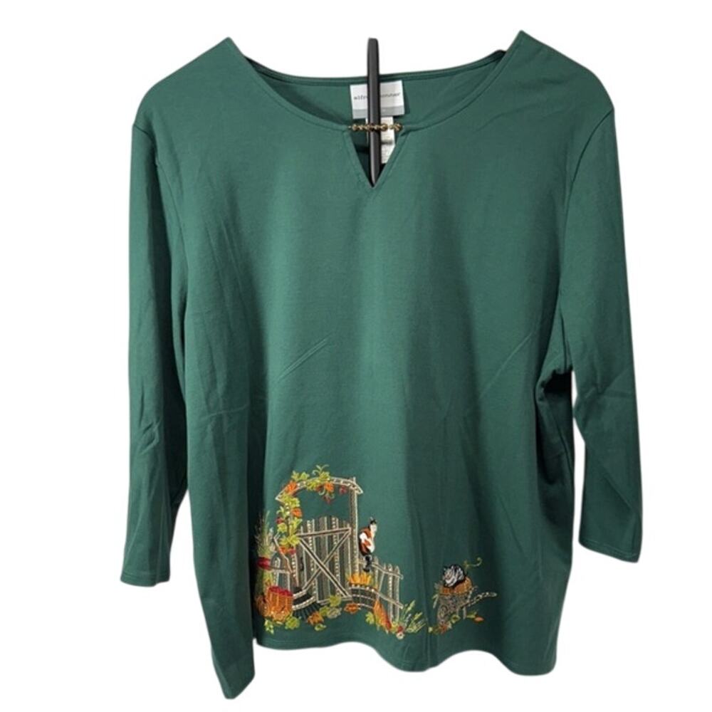 Women's Grandma New NWT Alfred Dunner Fall Autumn Cats Green Embroidered Top PL